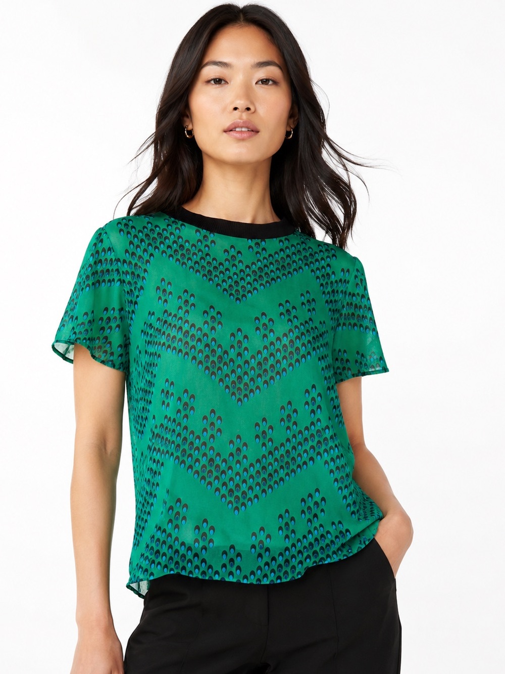 Diane Von Furstenberg 100% Silk Chiffon Split Back Top Green Geometric Print | S